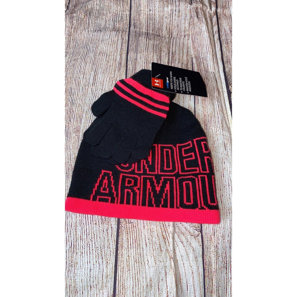 Under Armour 4-6 Years Hat Gloves Black Pink Set NEW
